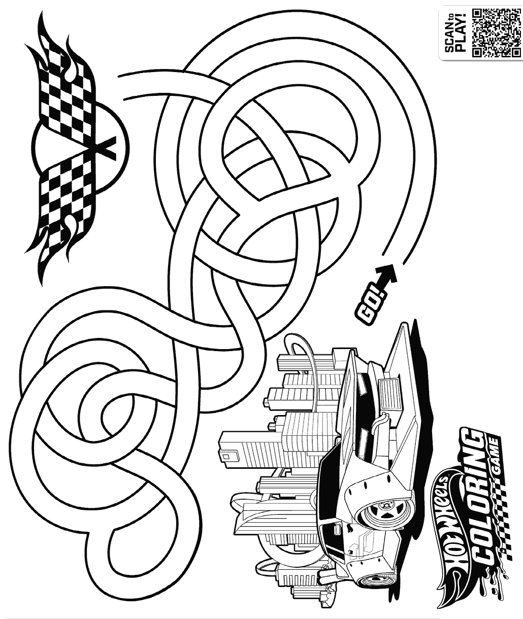 Hot Wheels track activity page featuring a race car and a winding loop track puzzle with multiple twists and turns.