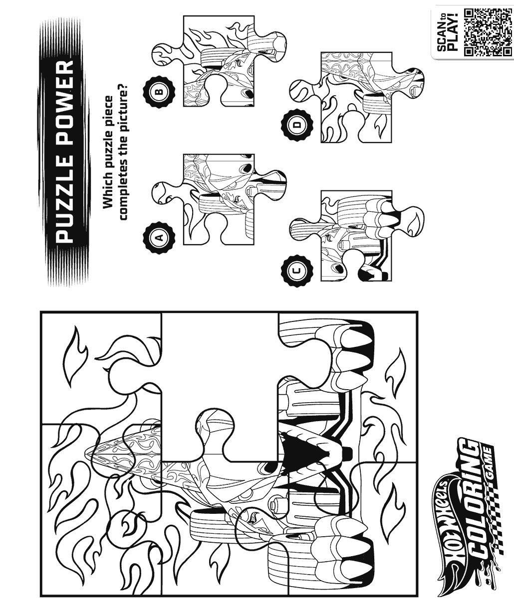 Hot Wheels puzzle activity page challenging players to choose the correct puzzle piece to complete a monster truck image.