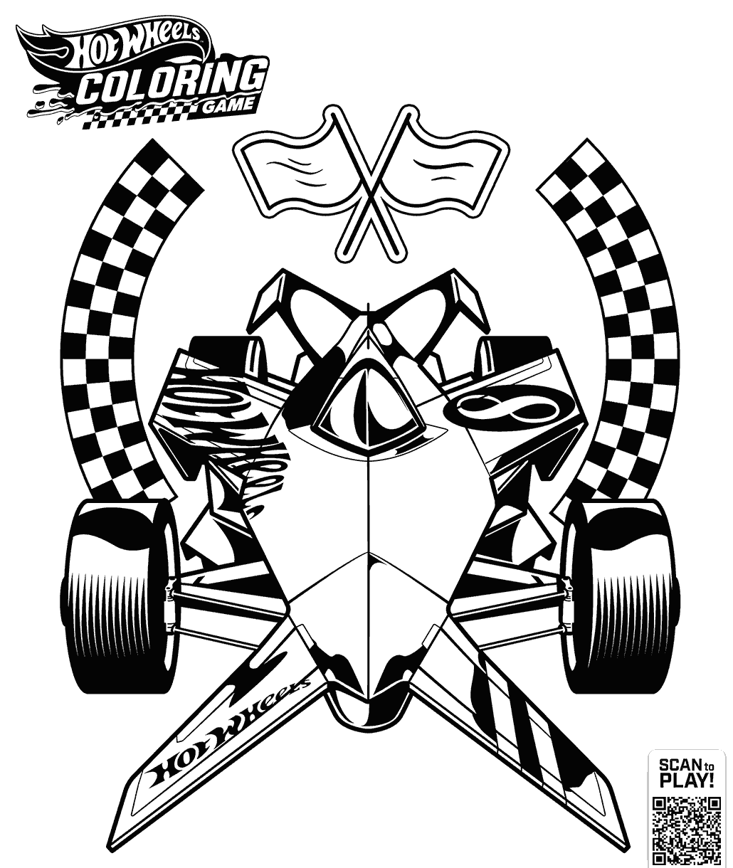 Hot Wheels coloring page showing a race car positioned between checkered racing flags on a race day scene.