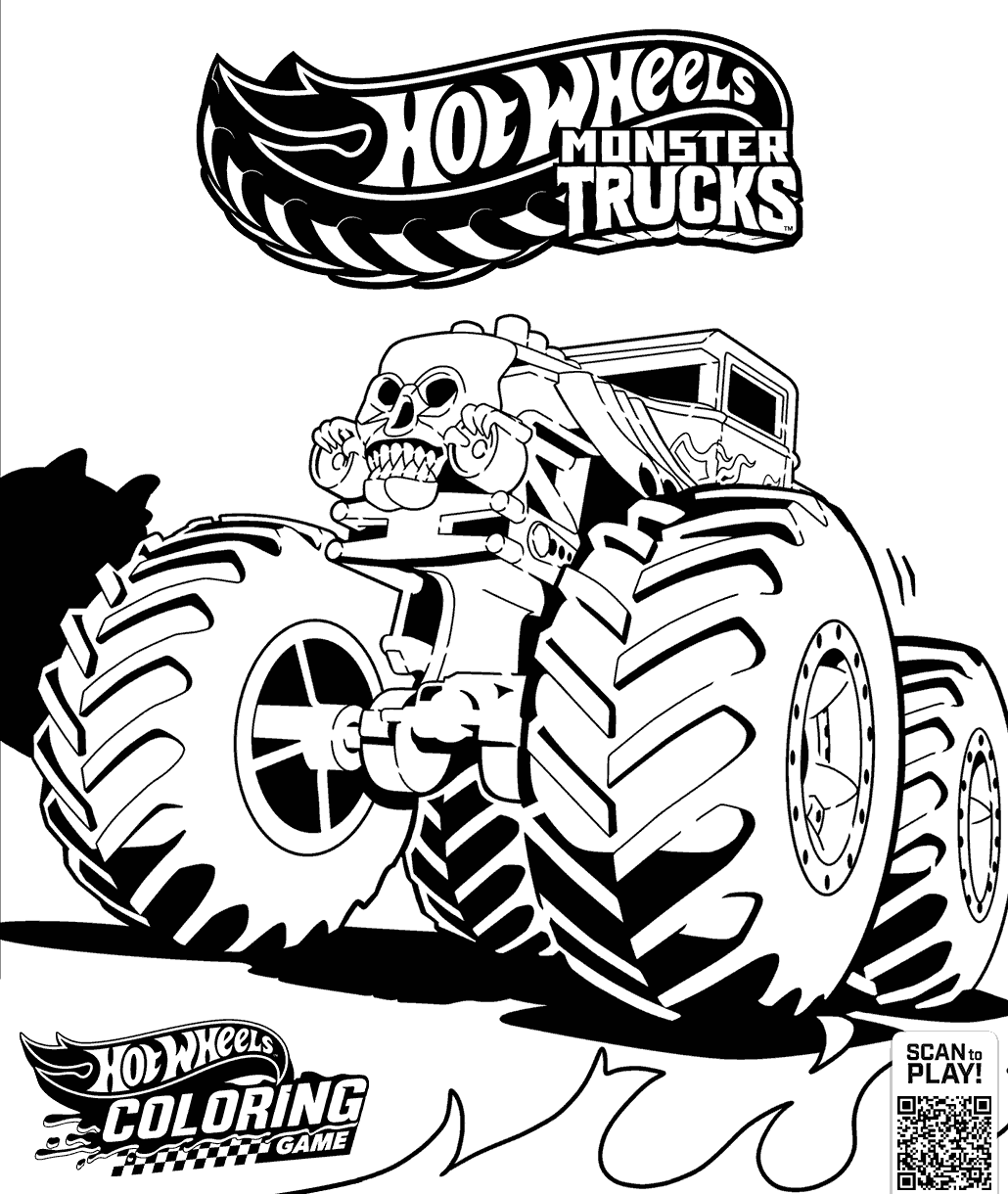 Hot Wheels Monster Trucks coloring page featuring a monster truck with oversized tires, a skull-themed front grille, and bold vehicle details.