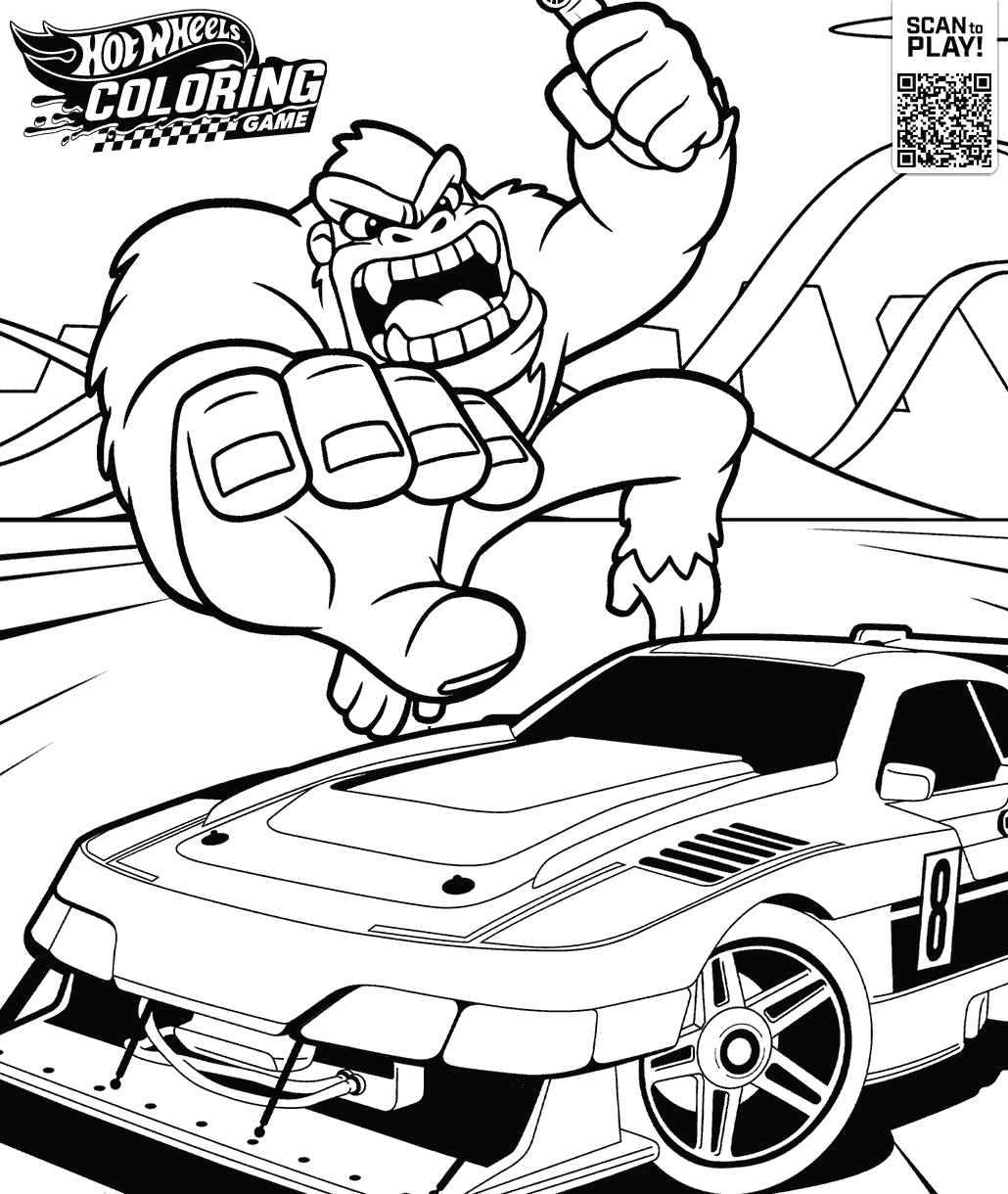 Hot Wheels coloring page showing a giant gorilla towering over a race car on a track with mountains in the background.