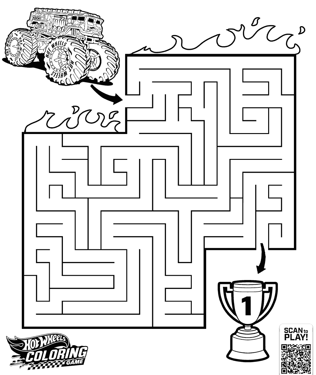 Hot Wheels maze activity page featuring a monster truck navigating through a winding maze toward a first-place trophy.