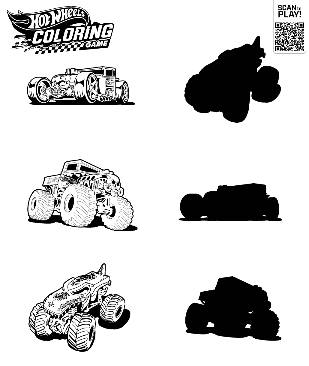 Hot Wheels matching activity page showing vehicles and monster trucks paired with shadow silhouettes for players to match.