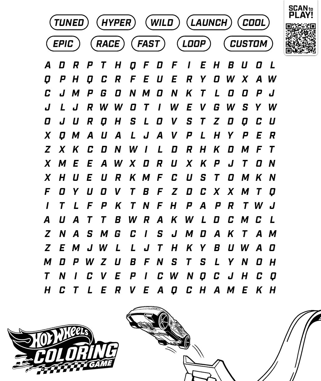 Hot Wheels word search activity page featuring hidden racing-themed words including tuned, hyper, wild, launch, cool, race, fast, loop, and custom.