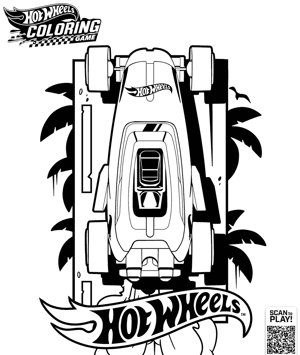 Hot Wheels coloring page showing a race car from a top-down view surrounded by palm trees and track-inspired details.