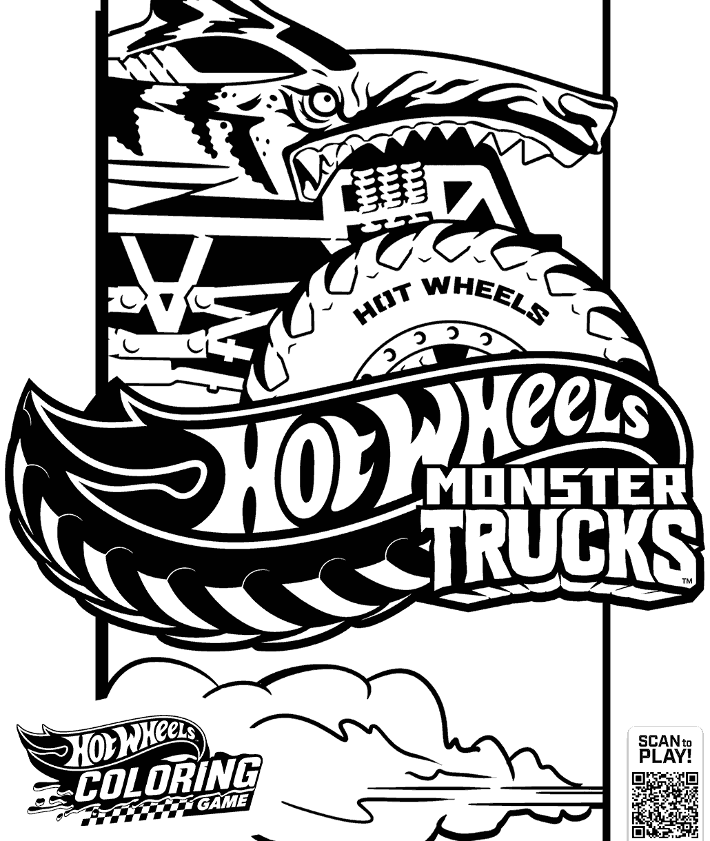 Hot Wheels Monster Trucks coloring page showing a monster truck with oversized wheels and a fierce dinosaur-inspired design above the Hot Wheels Monster Trucks logo.