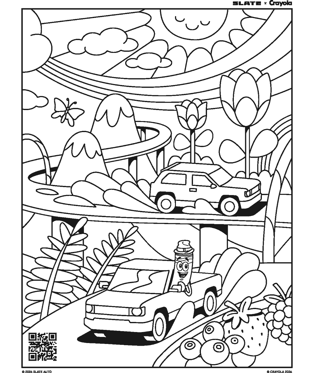 Truck coloring page showing two customizable trucks driving through a rainbow-filled landscape with flowers, birds, and a smiling Crayola crayon character.
