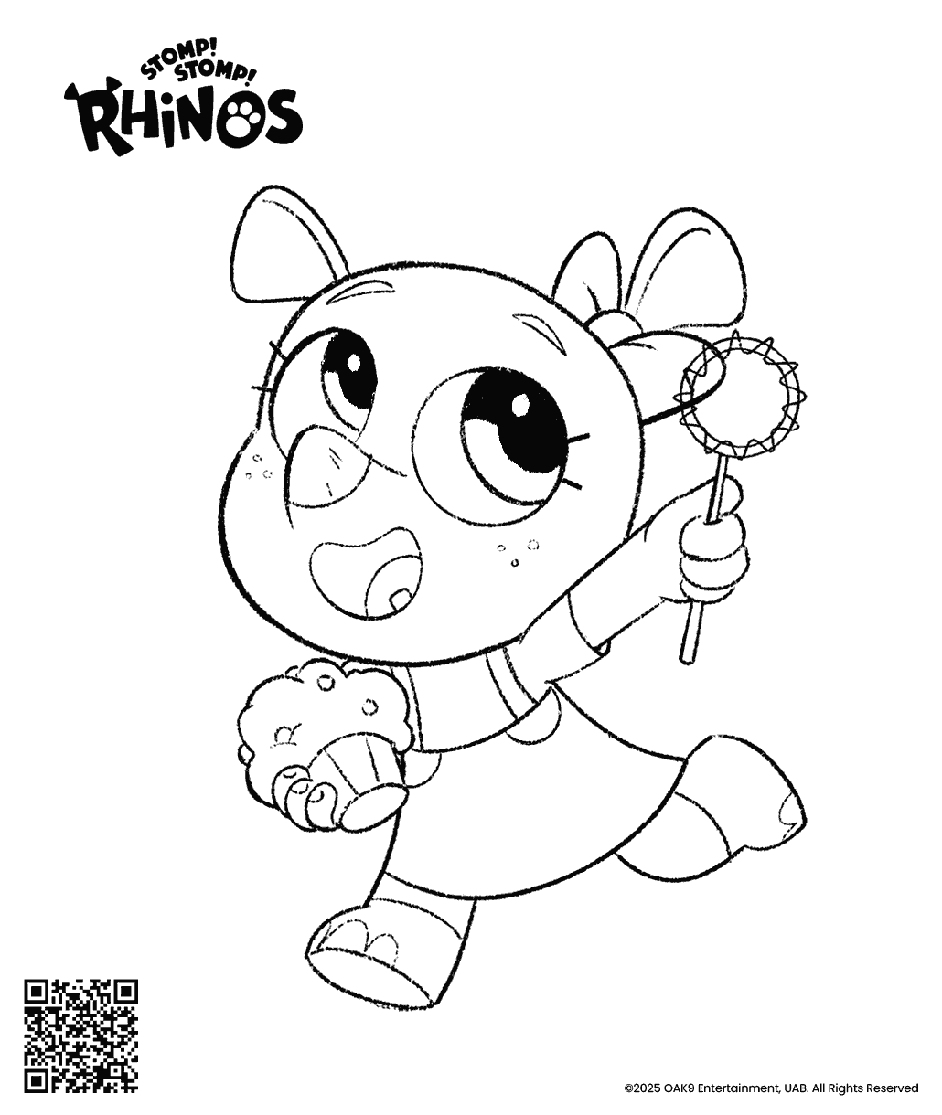 Stomp! Stomp! Rhinos coloring page showing Ela holding a sparkling wand and a muffin while running.