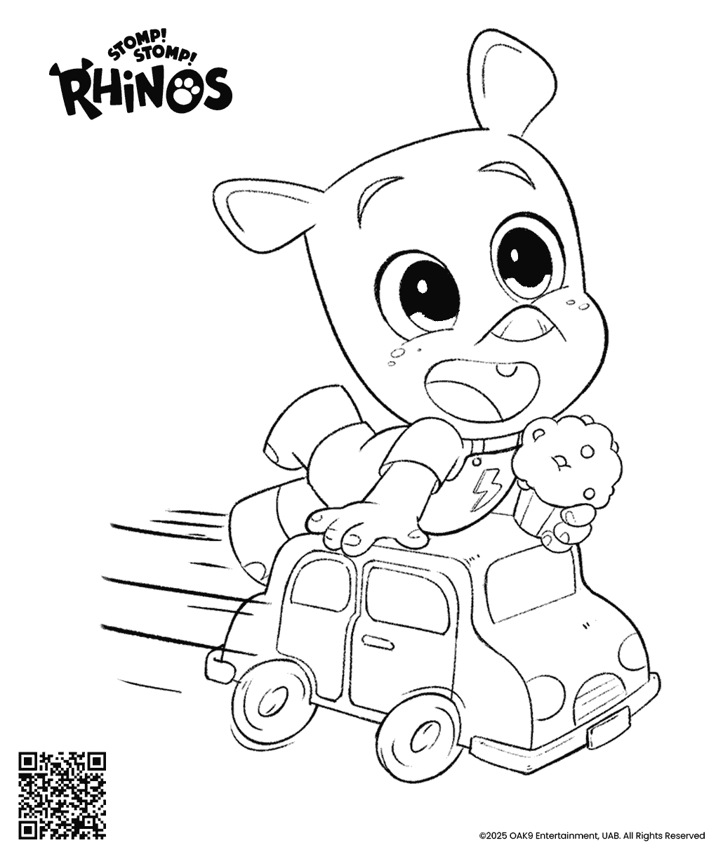 Stomp! Stomp! Rhinos coloring page showing Ron riding in a toy car while holding a muffin.