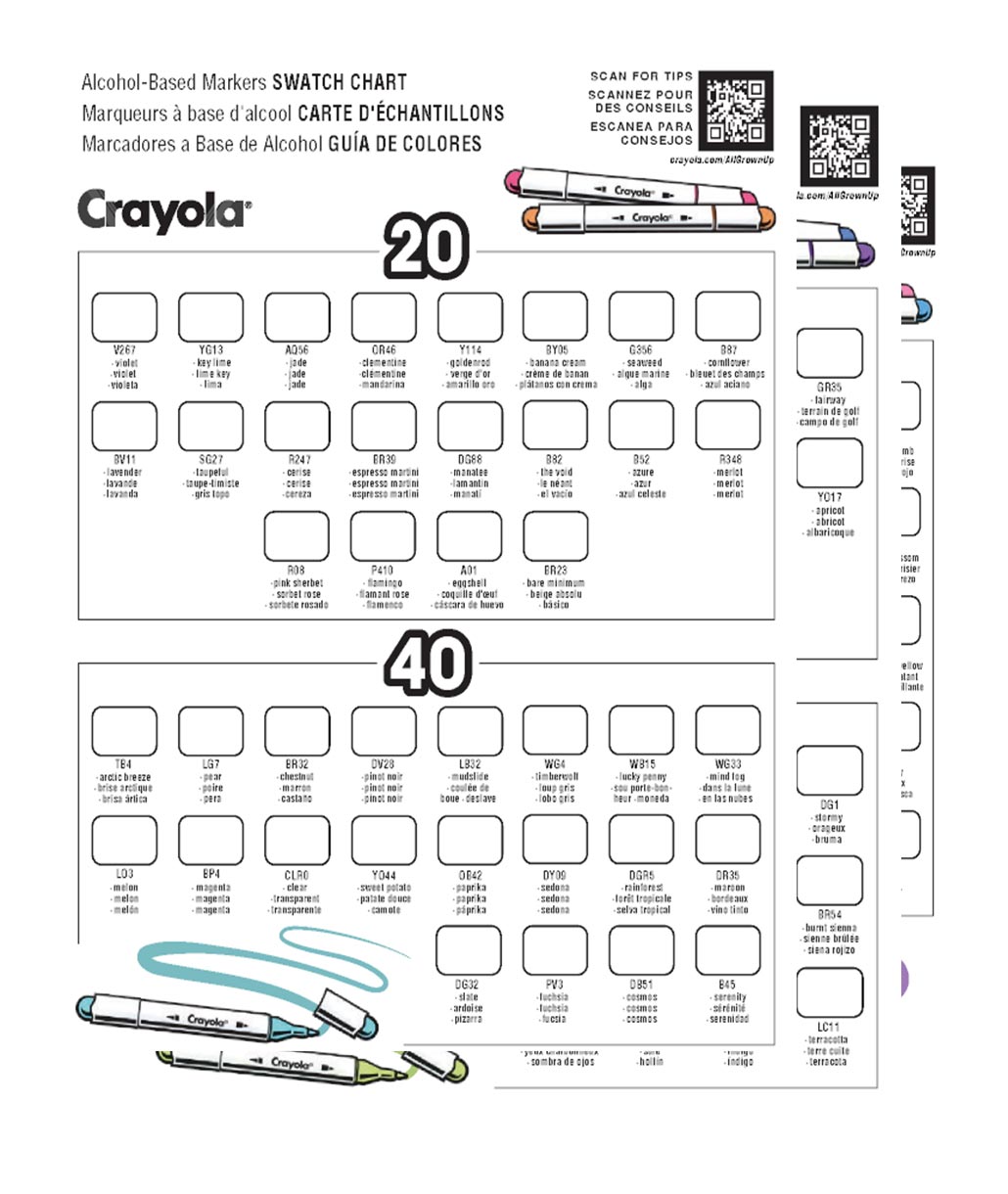 Alcohol marker swatch chart printable activity featuring 120 color swatches organized by collection, allowing artists to color, compare, and reference every Crayola Alcohol Marker shade.