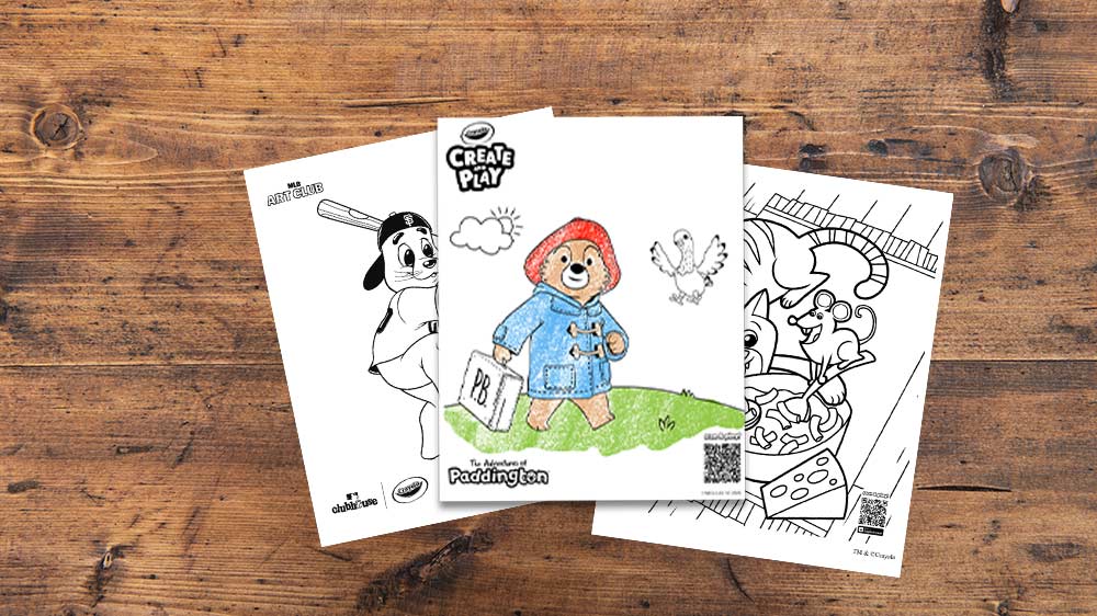 Crayola Collaborations free coloring page banner featuring Paddington Bear