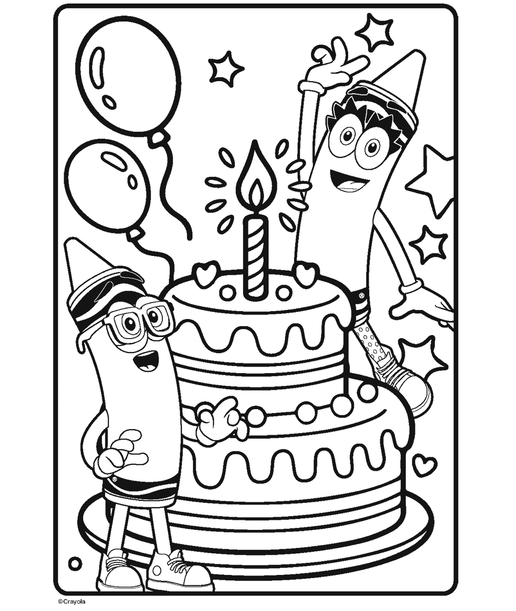 two tiered birthday cake with crayons celebrating