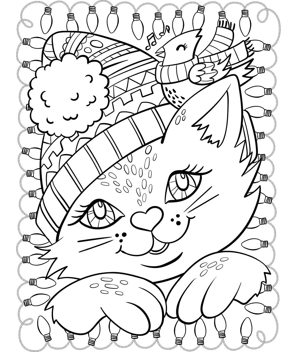 christmas cat and cardinal free printable coloring sheet for kids