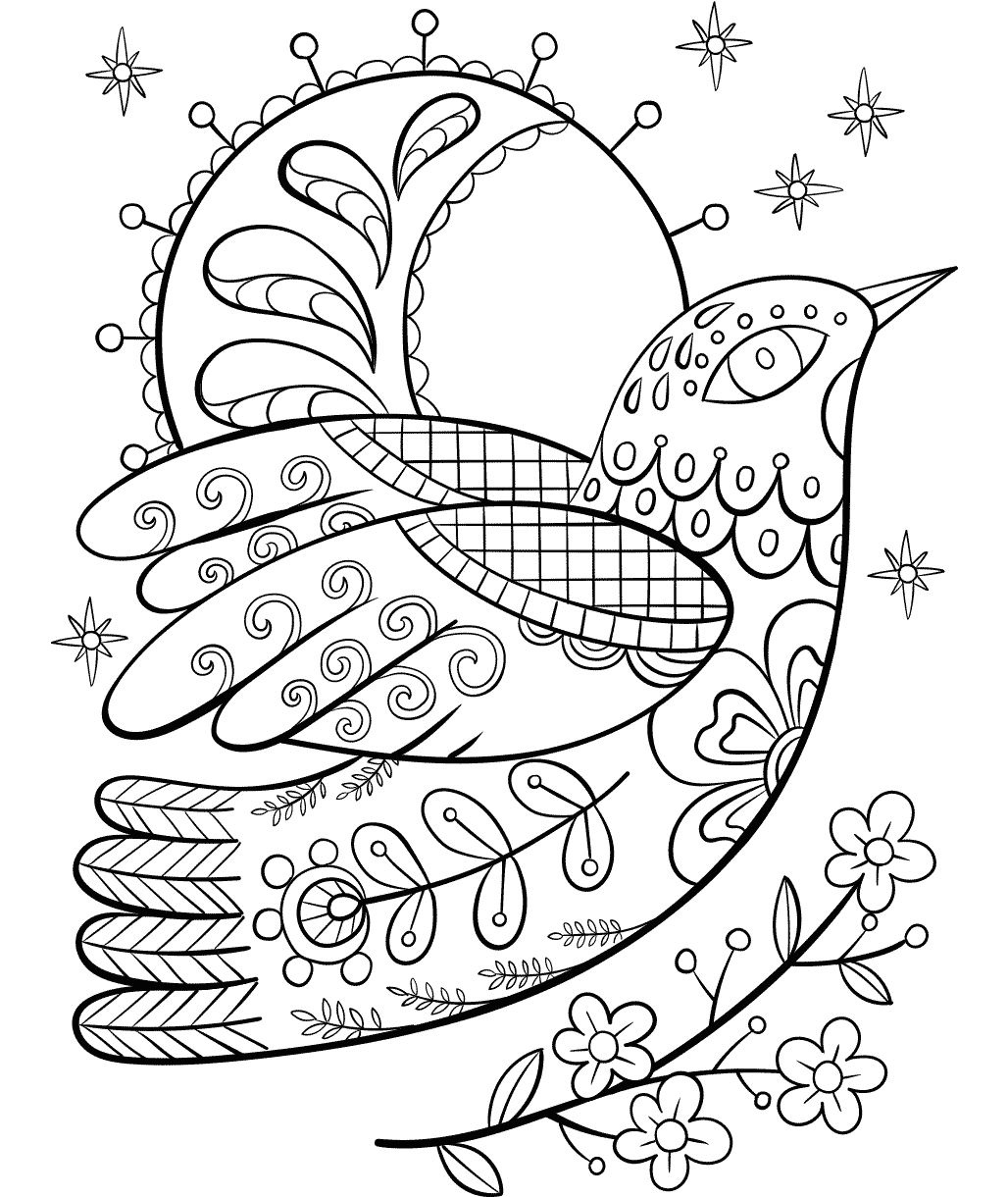 detailed bird with floral designs coloring sheet