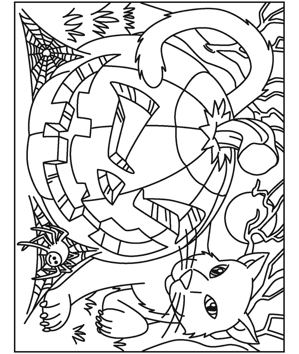 Halloween coloring page showing a cat lying beside a carved jack-o'-lantern with spider webs, pumpkins, and spooky autumn details.