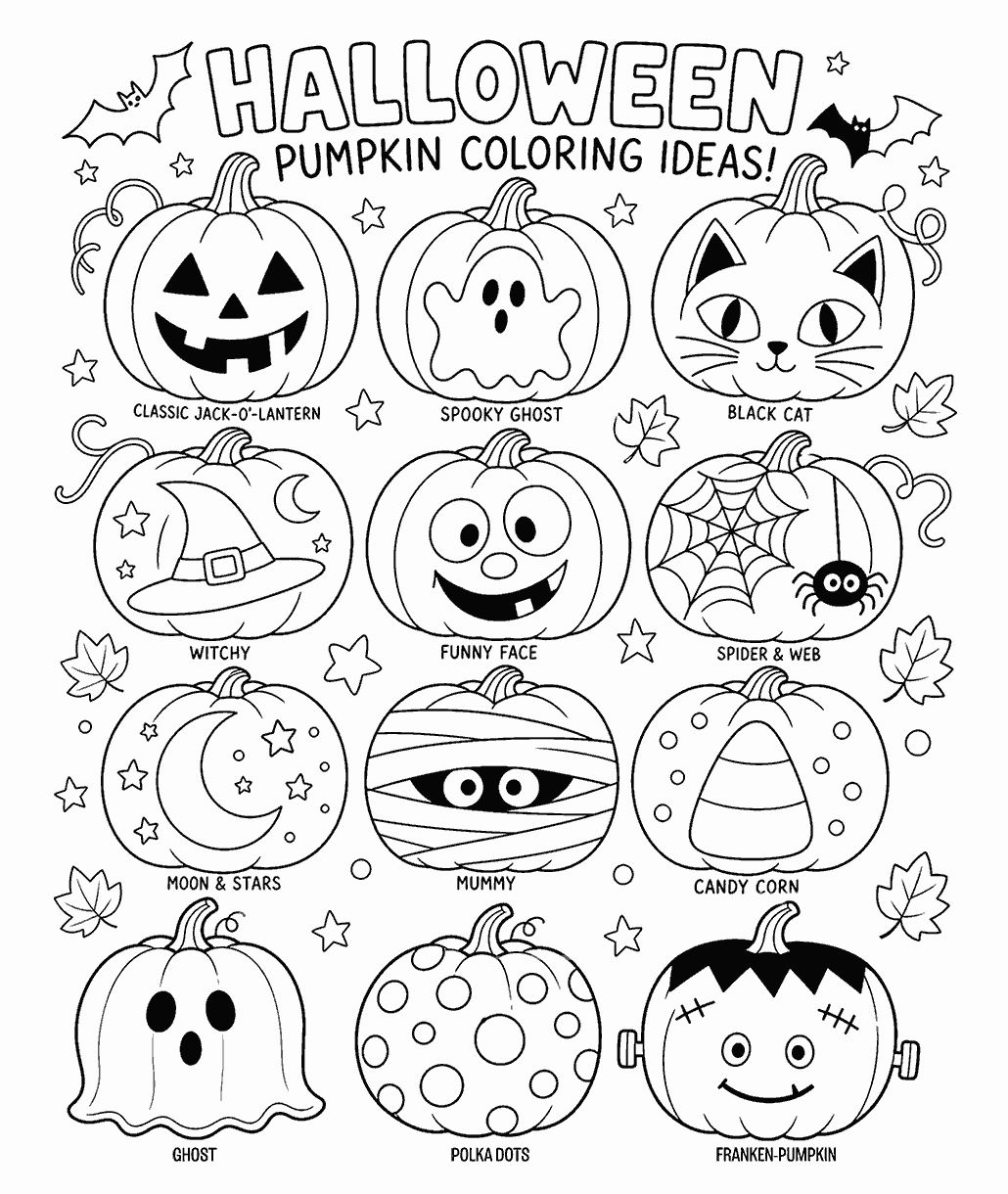 Halloween pumpkin coloring ideas activity page featuring 12 pumpkin designs including a jack-o'-lantern, ghost, black cat, witch hat, spider web, candy corn, mummy, and Franken-pumpkin.