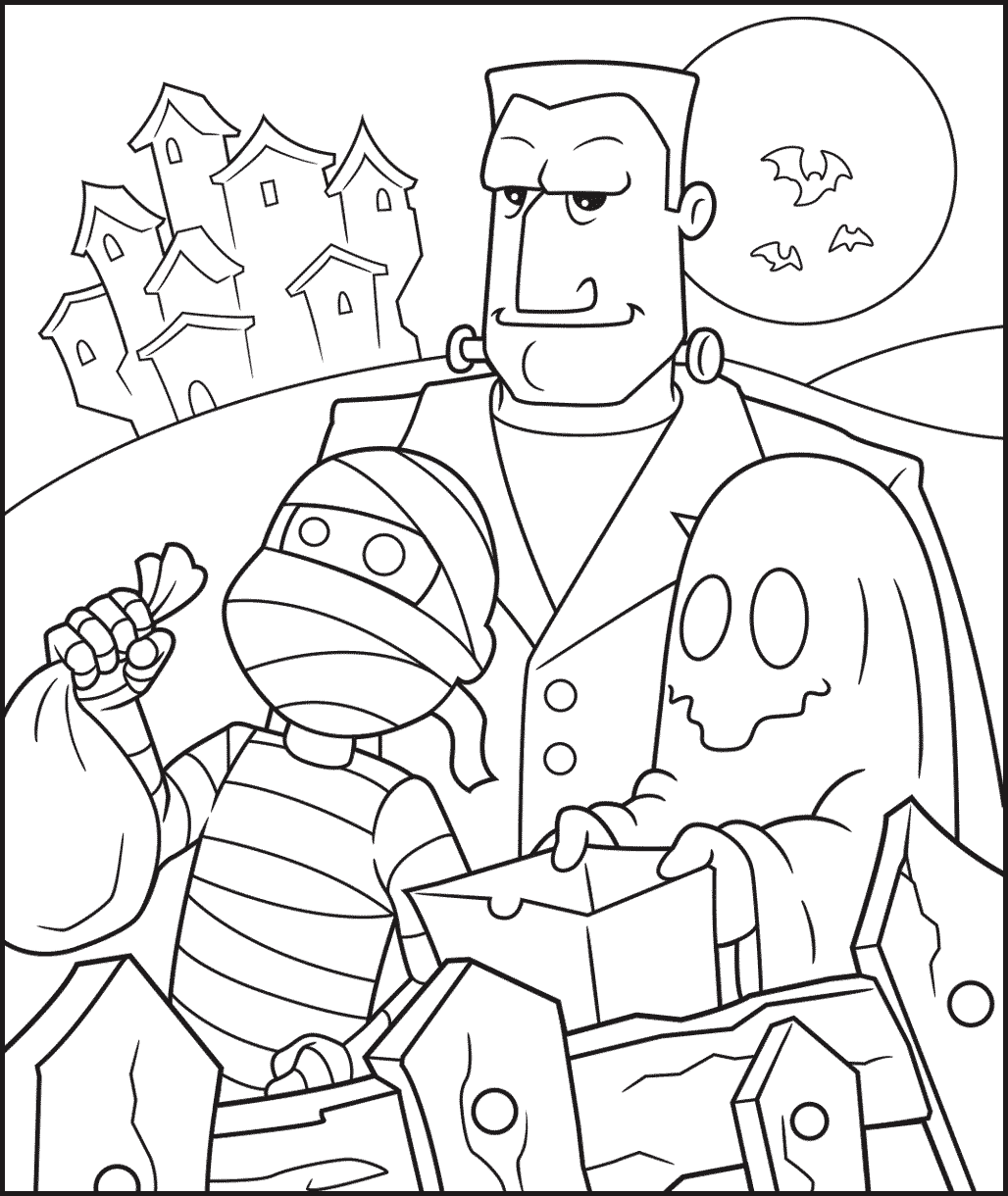 mummy ghost and frankensteins monster trick or treating