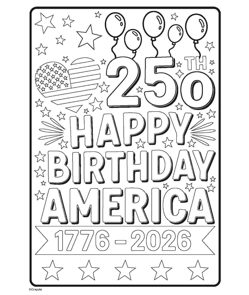 Happy Birthday America free coloring page with flag, fireworks and stars