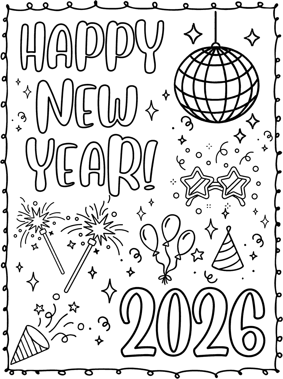 happy new year 2026 coloring page for kids
