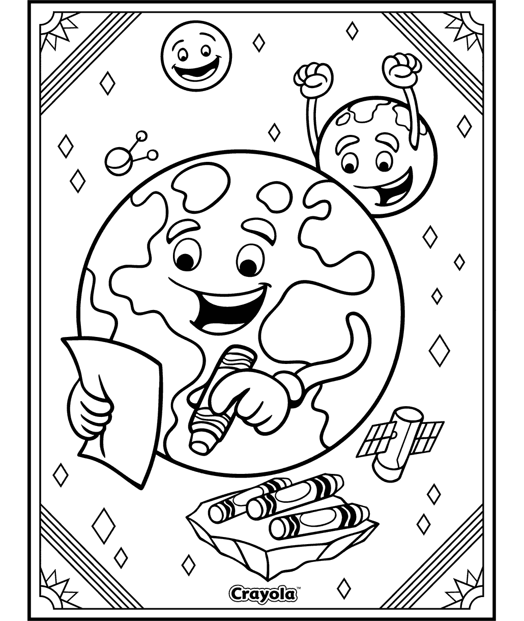 earth day space themed coloring page with moon and sun