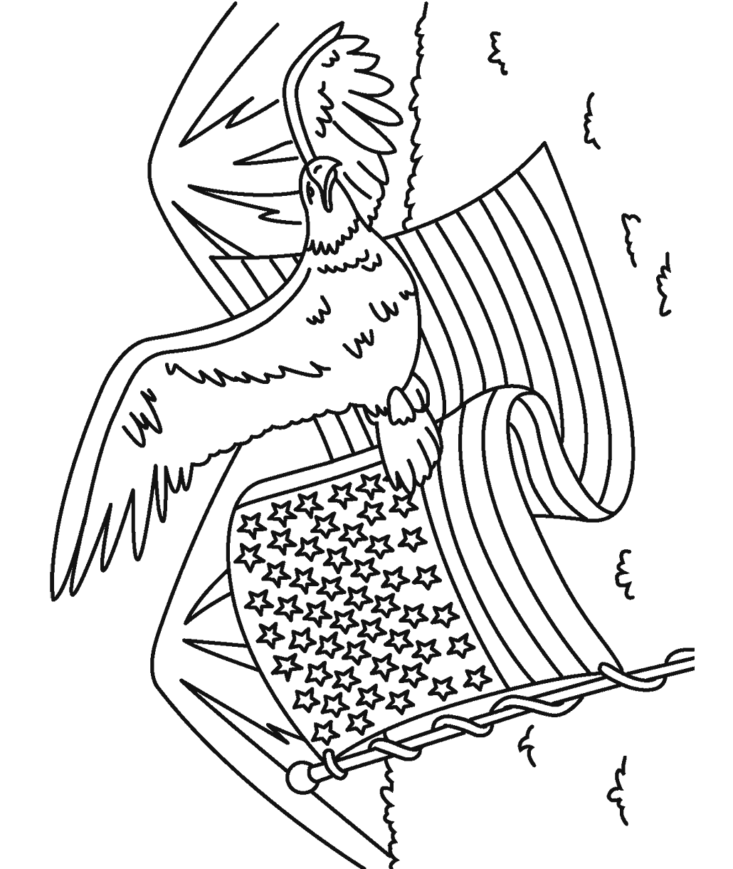 mountains, american flag, and bald eagle coloring page