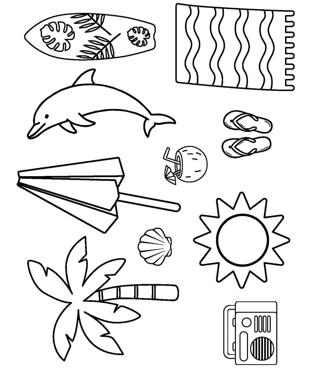 Immagini a tema spiaggia. Palma, boombox, sole, conchiglia, ombrello, bevanda elegante, infradito, asciugamano e delfino.