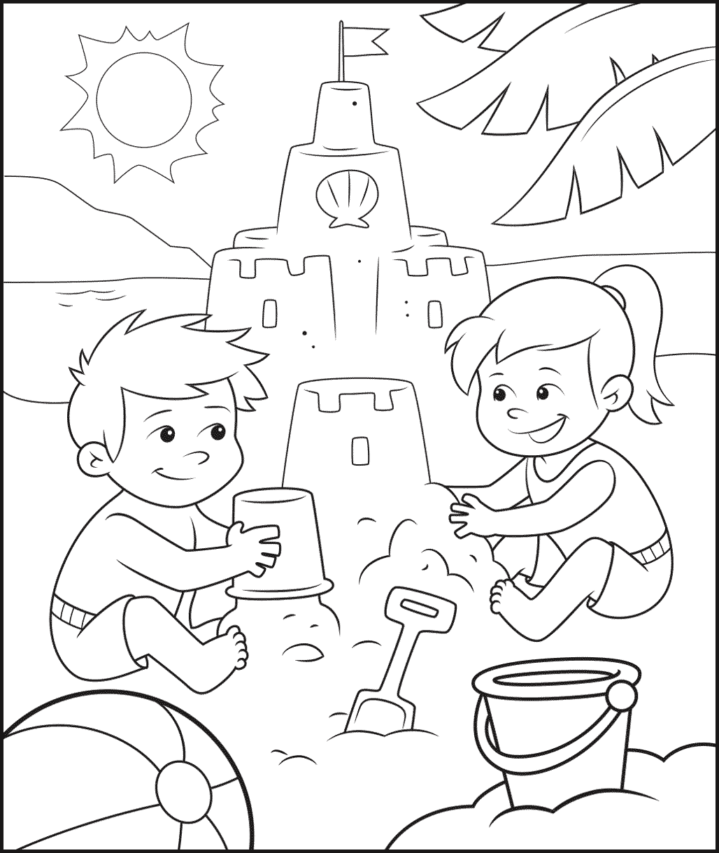 kids at the beach on a sunny day building a sandcastle coloring sheet