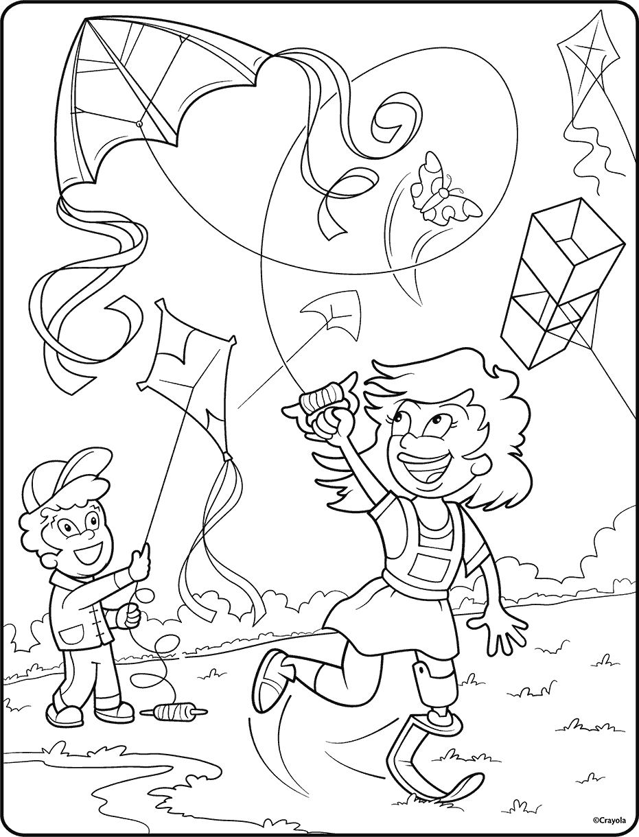 children flying kites coloring page