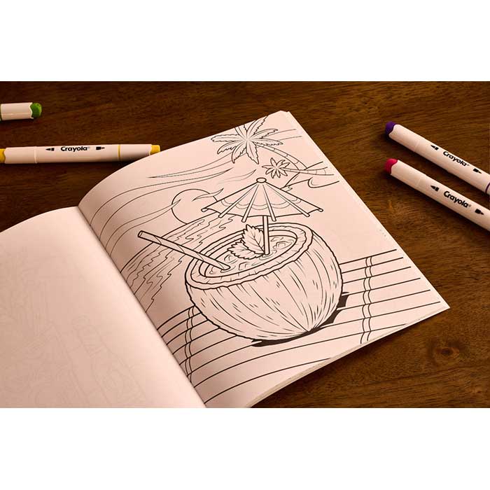 Stay Hydrated Adult Coloring Book, 32 Pgs. Book open to select page with alcohol markers scattered about.