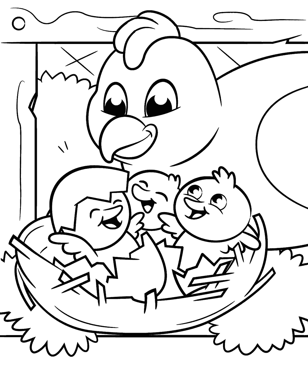 Chicken coloring page showing a mother hen standing behind three baby chicks sitting in a nest made of straw.