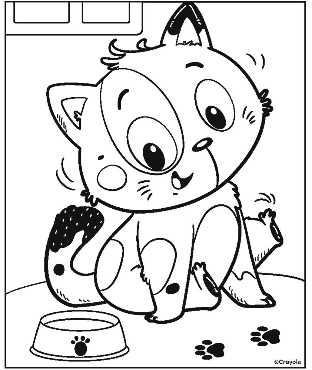 Cat coloring page showing a cute kitten sitting beside a food bowl with paw prints on the ground.