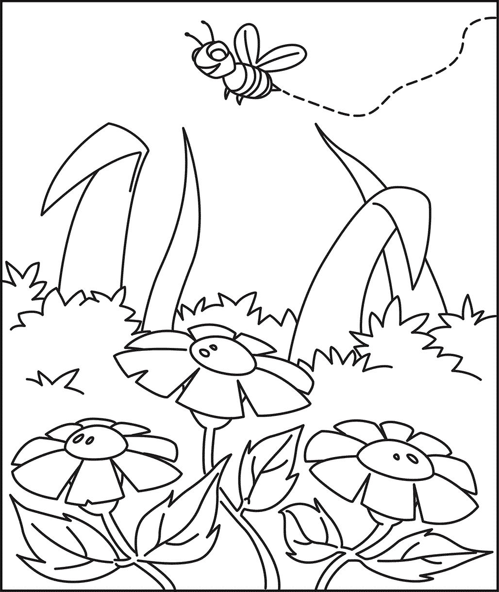 bee hovering over flowers coloring page