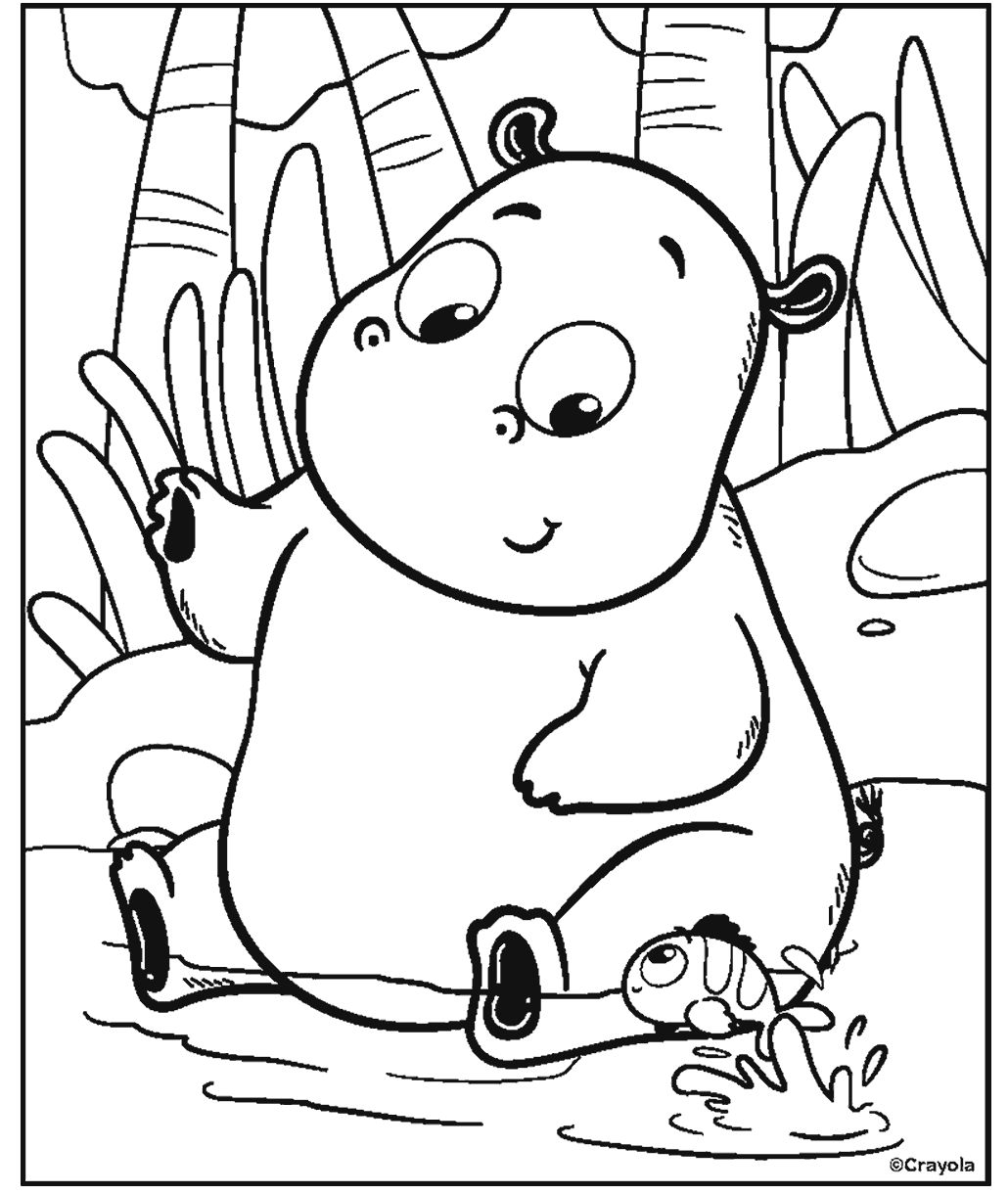 Hippo coloring page showing a baby hippopotamus sitting in a shallow stream surrounded by trees, plants, and splashing water.