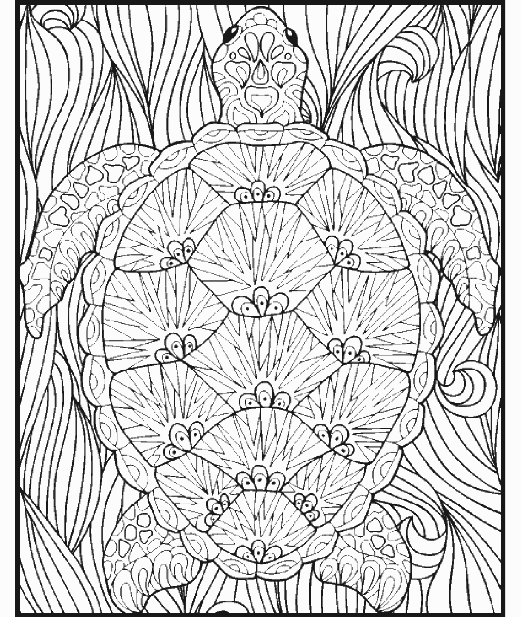 Sea turtle coloring page showing a detailed turtle with intricate shell patterns and flowing ocean-inspired linework in the background.