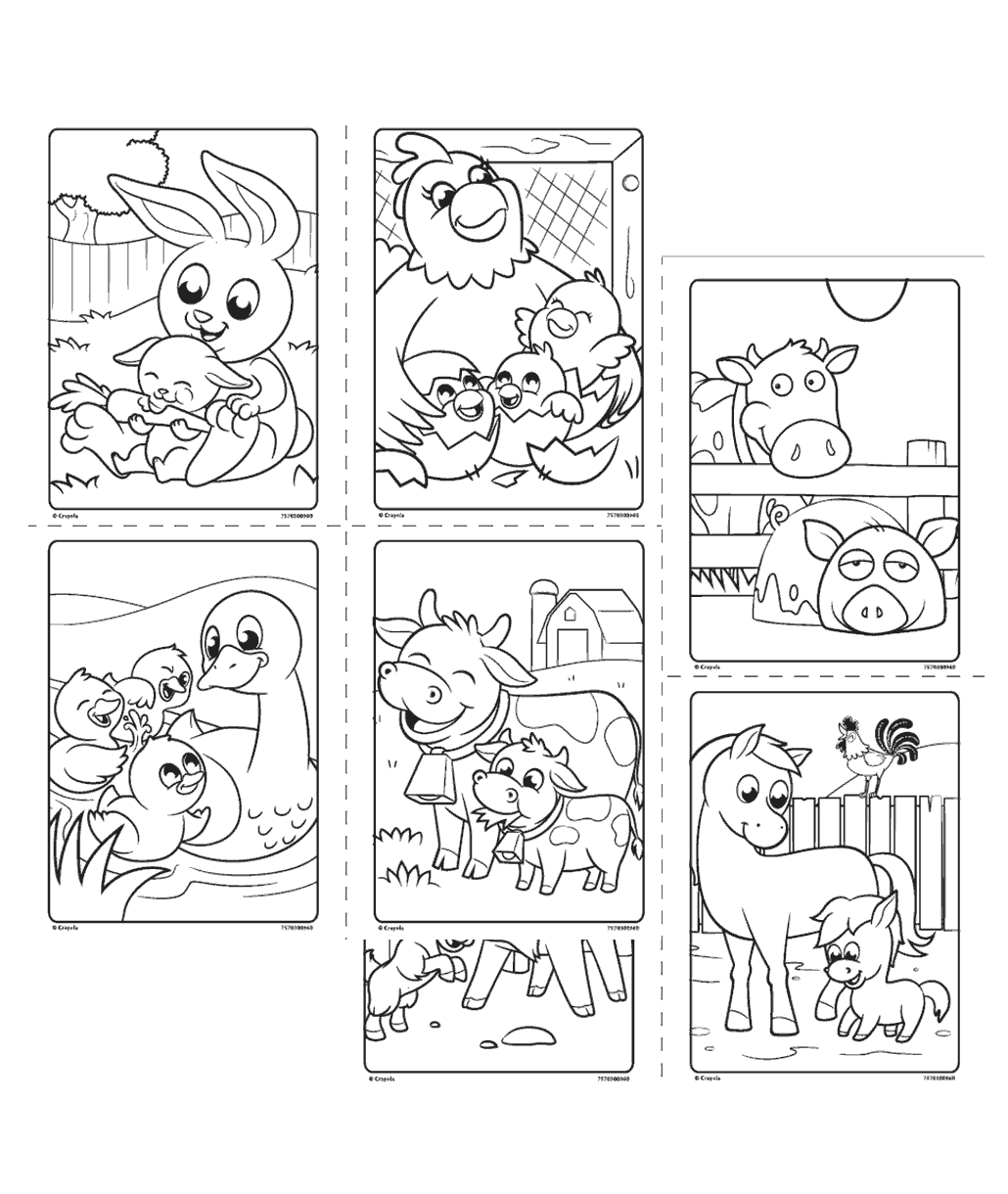 mini coloring pages with farm animals including horses, pigs, cows, and more