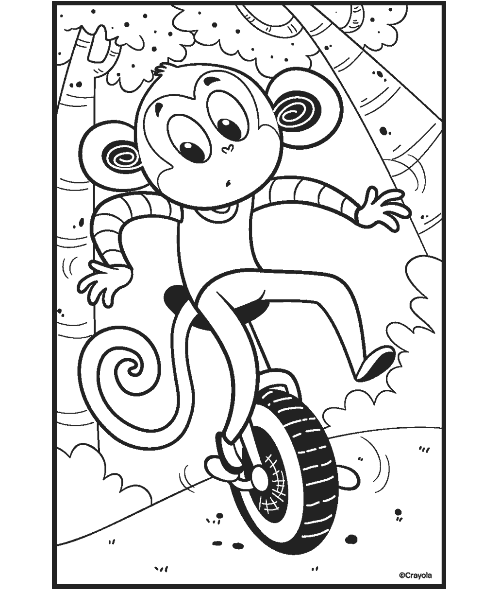Monkey riding a unicycle coloring page