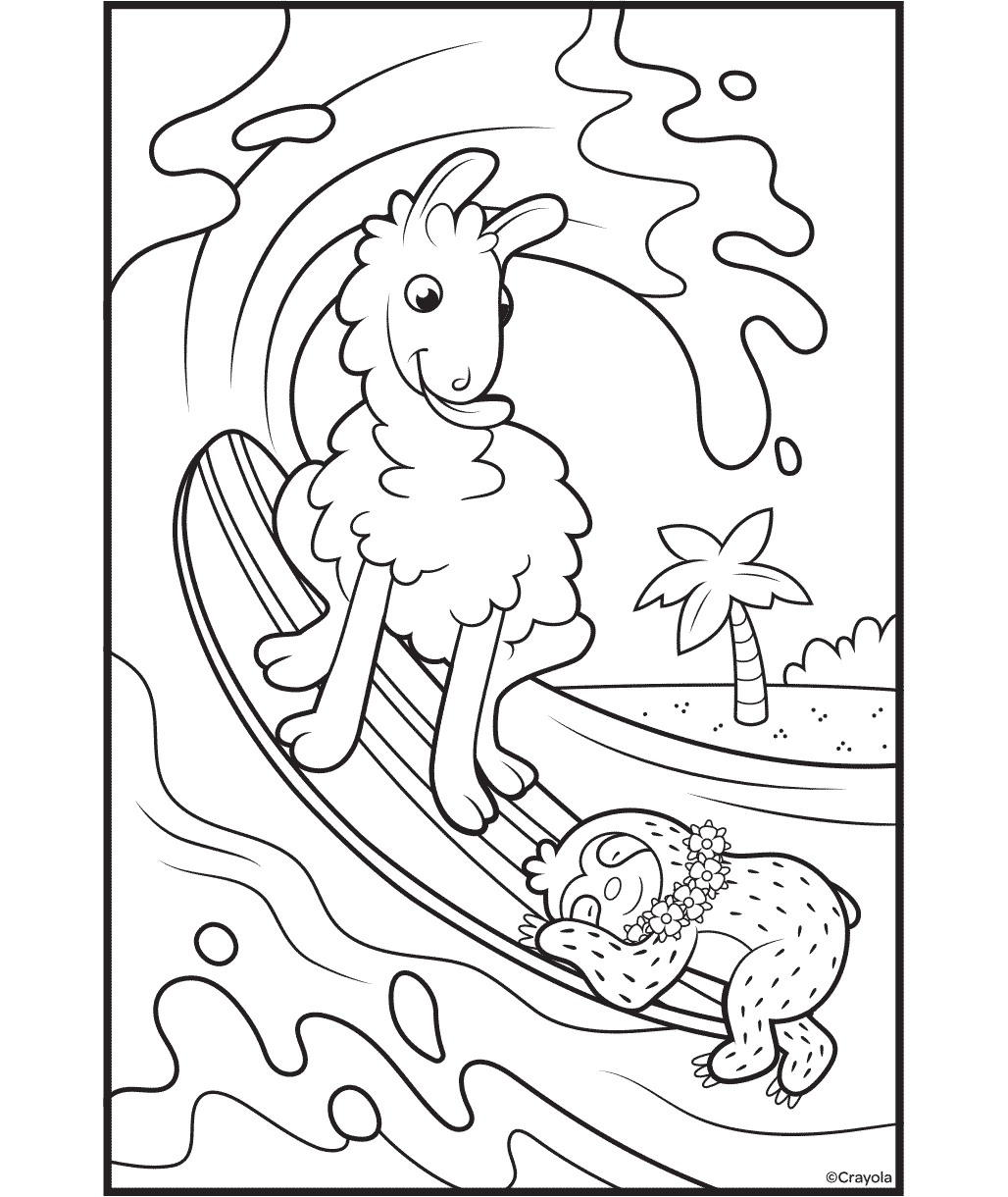 llama and sloth animals surfing coloring sheet