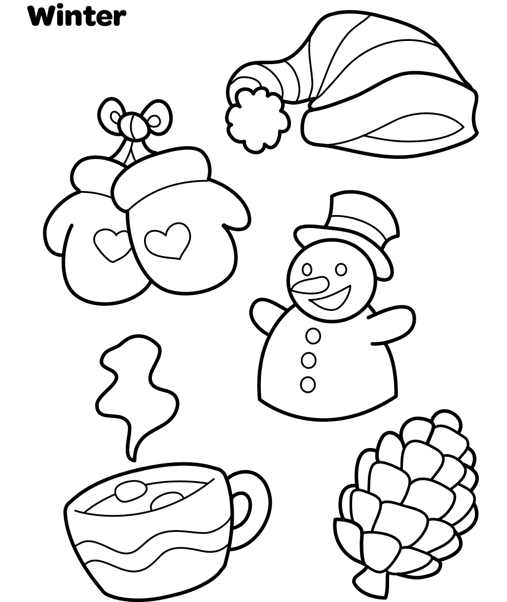 winter objects coloring sheet with snowman and clothing