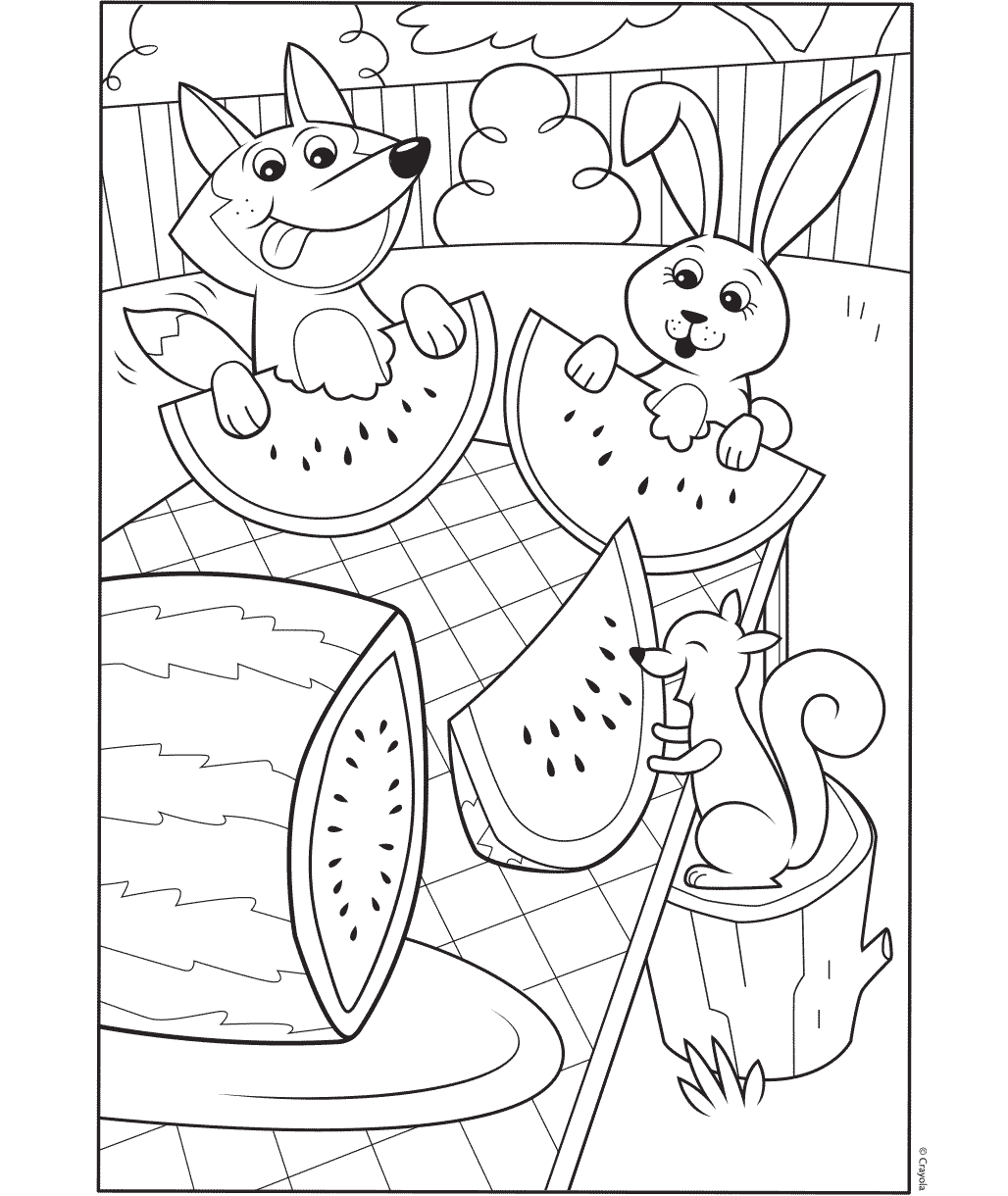 woodland creatures eating watermelon summer coloring sheet