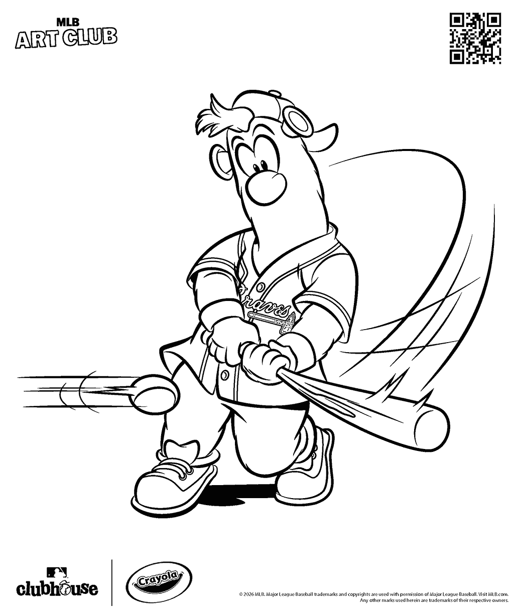 Braves mascot, Blooper, swings the bat coloring page.