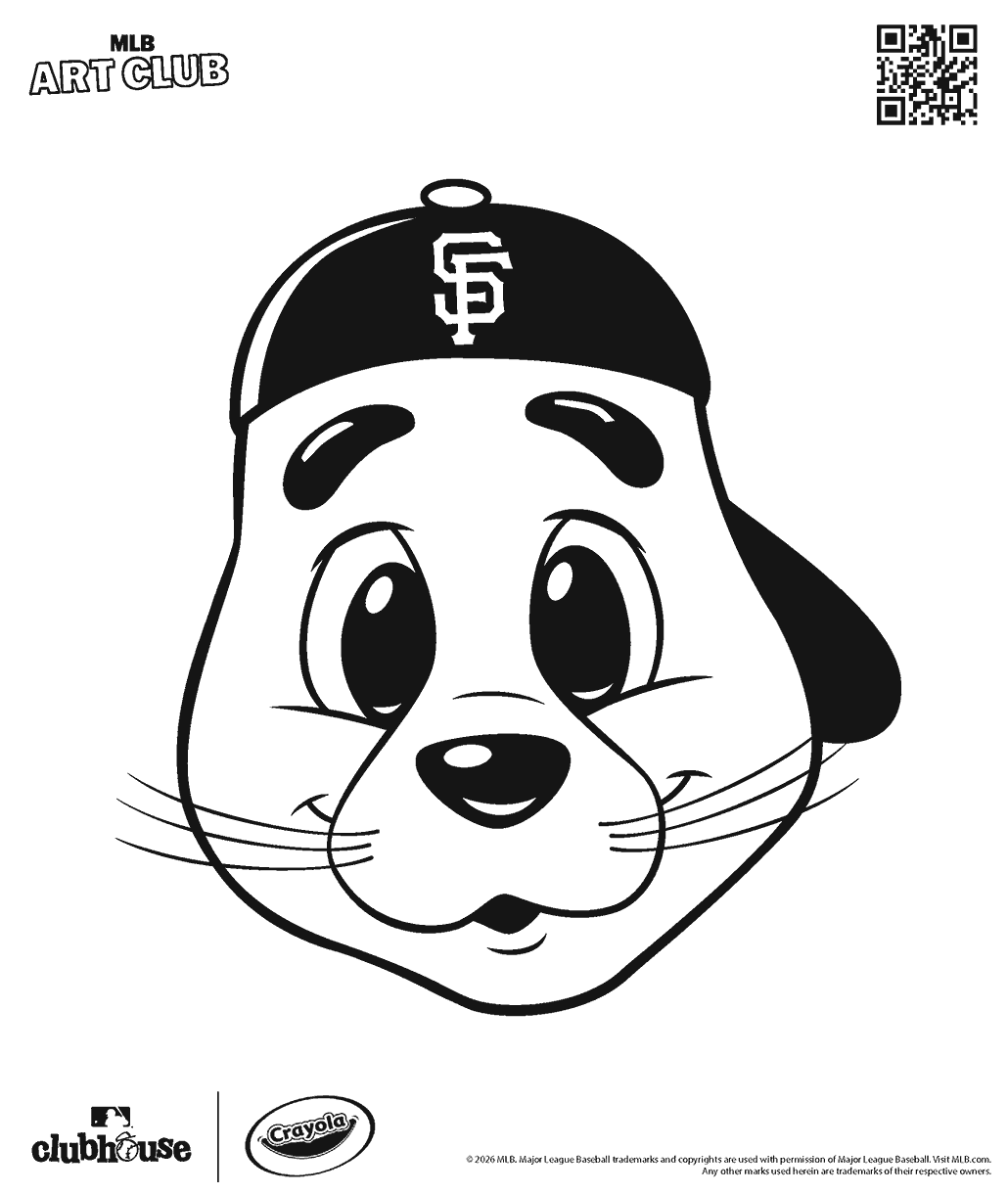 San Francisco Giants mascot, Lou Seal, smiling coloring sheet