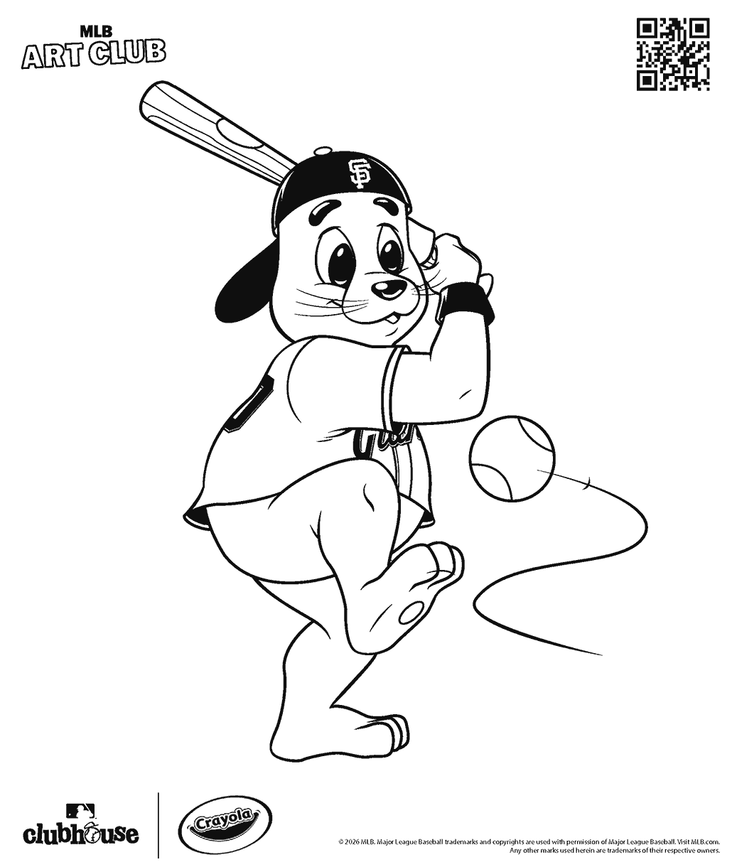 San Francisco Giant mascot, Lou Seal, swinging a bat coloring sheet.