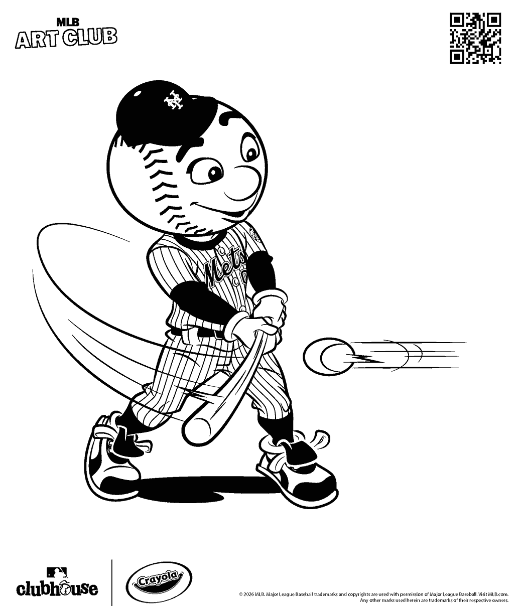 Mets mascot swinging at a baseball.