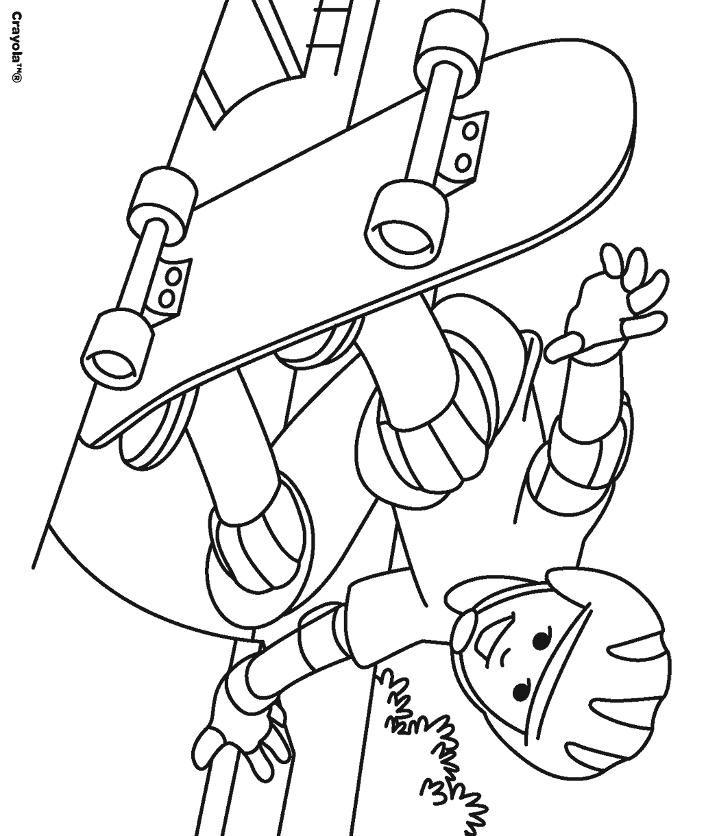 Skateboard coloring page showing a skateboarder performing a midair trick with a simple skateboard design and bold outlines