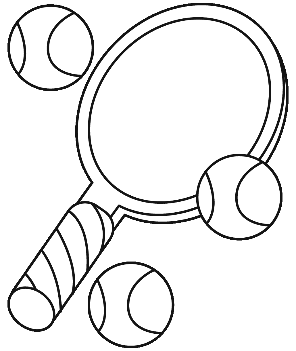 Tennis coloring page showing a tennis racket surrounded by three tennis balls.