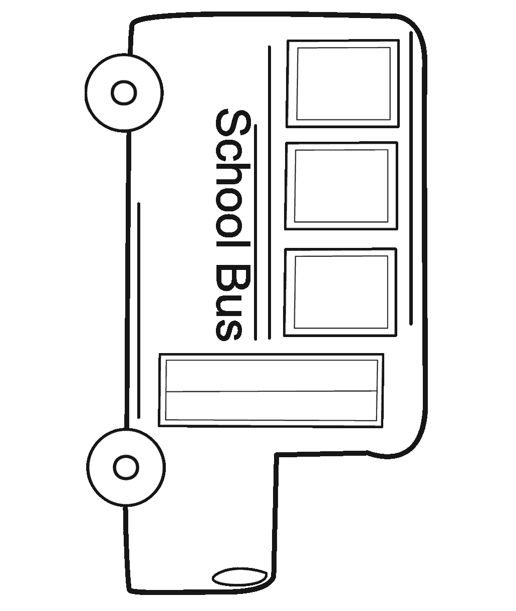 School bus coloring page showing a side view of a school bus with windows, wheels, and the words "School Bus" on the vehicle.