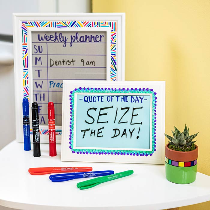 family command center craft. front view with crayola dry erase markers.