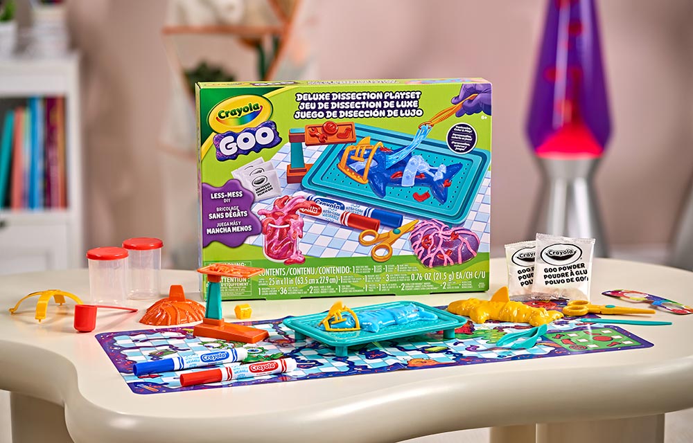 Crayola Goo Deluxe dissection playset on table with contents.