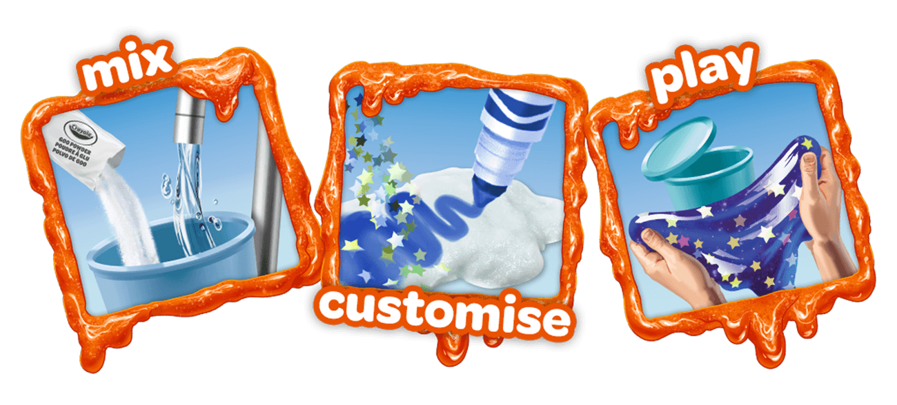 The image shows a three-step process for creating and playing with Crayola Goo. The first step, labeled 'mix,' depicts pouring a liquid into a container. The second step, labeled 'customize,' shows adding color and star-shaped glitter to the mixture. The third step, labeled 'play,' illustrates hands stretching the finished Goo with stars embedded in it.