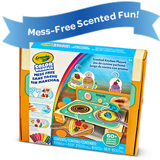 Make believe in a mess-free scented coloring kitchen set.